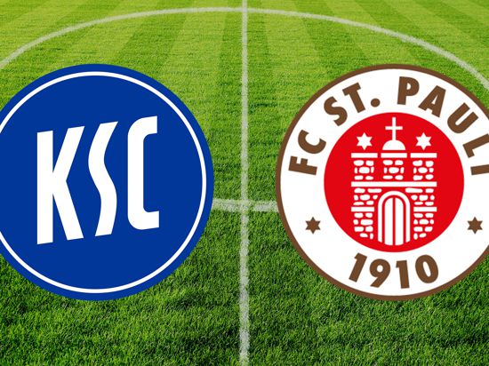 Logos des KSC und des FC St. Pauli vor einem Fußballrasen.