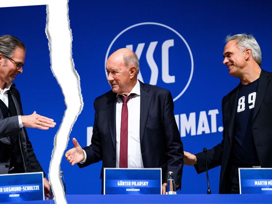 Das Tischtuch beim KSC scheint zwischen Präsident Holger Siegmund-Schultze (links) und seinen Vizepräsidenten Günter Pilarsky (Mitte) und Martin Müller zerschnitten zu sein.