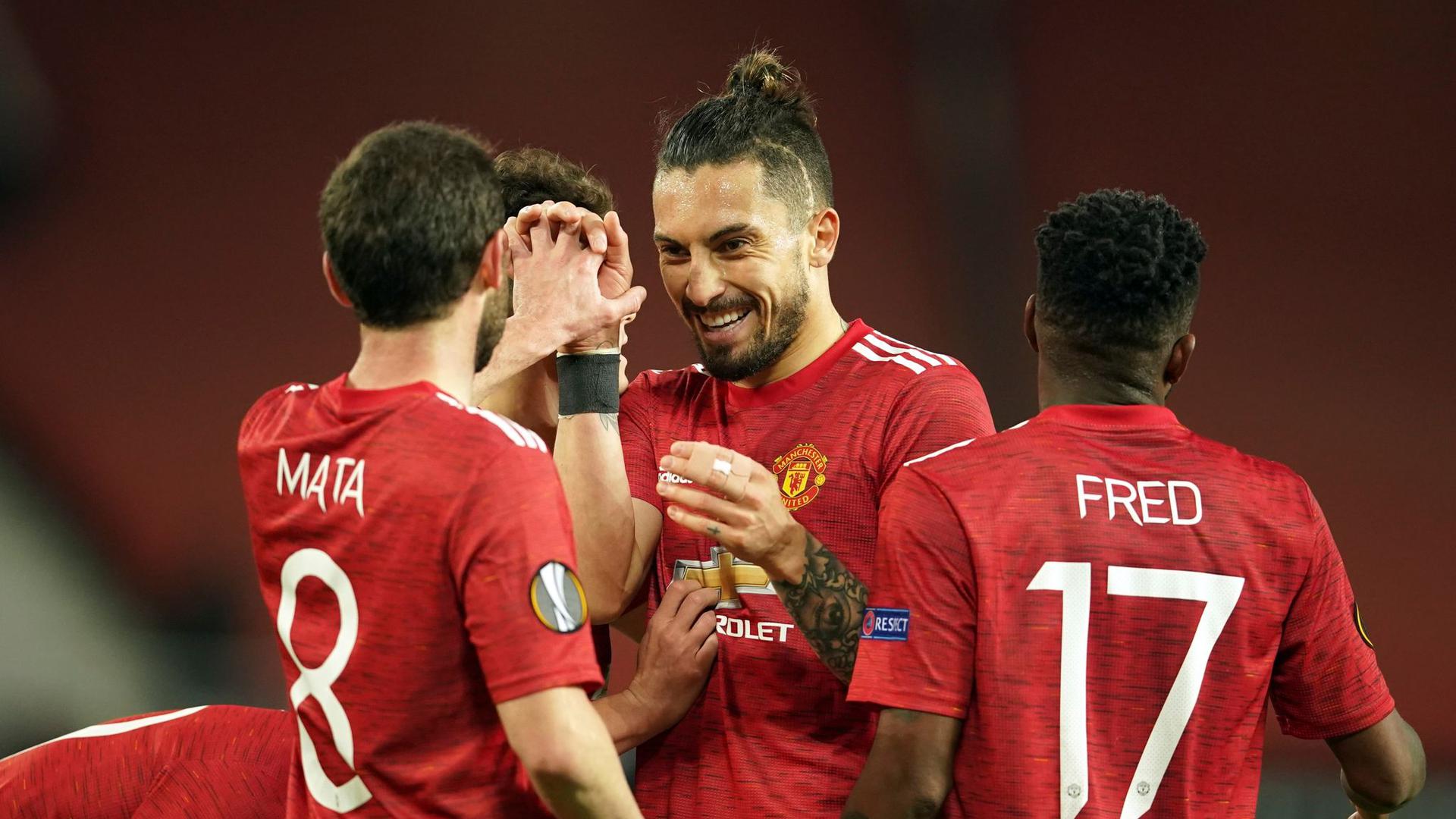 Die Spieler von Manchester United freuen sich über den Einzug ins Halbfinale der  Europa League.